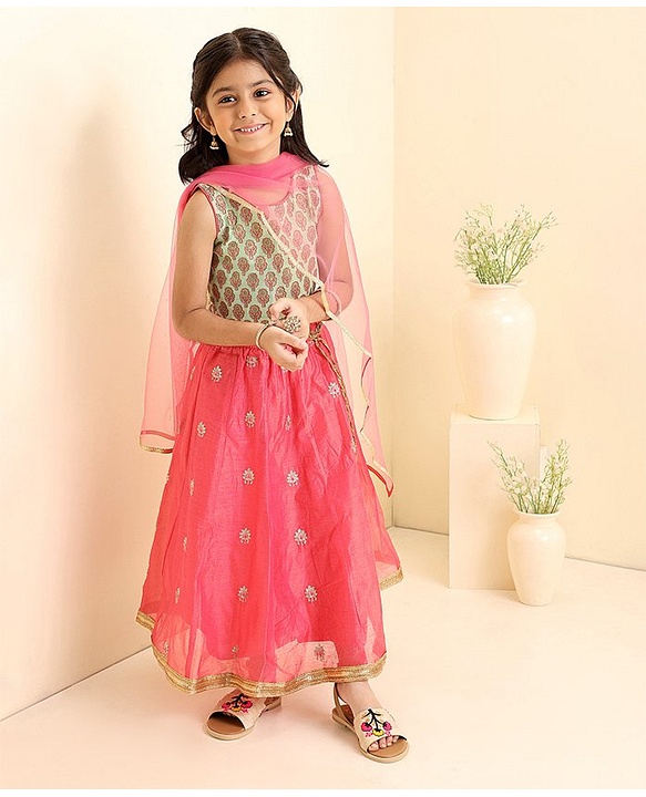 Babyhug Sleeveless Zari Embroidered Lehenga Choli With Dupatta - Fuschia Pink