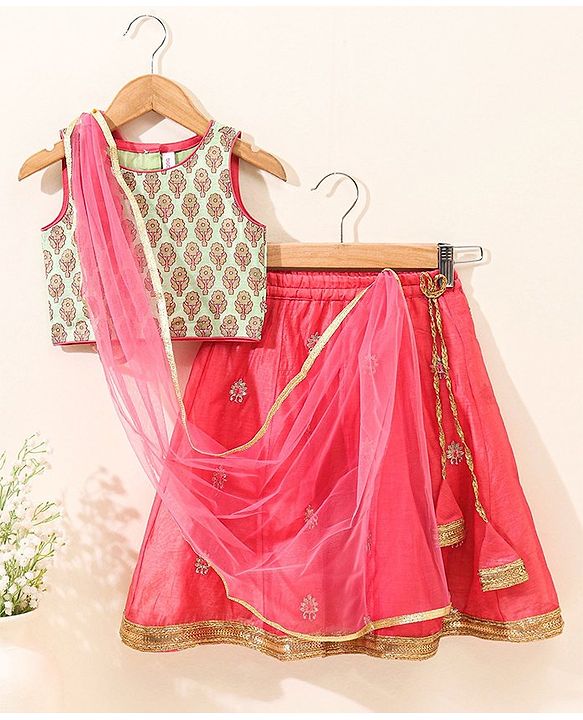 Babyhug Sleeveless Zari Embroidered Lehenga Choli With Dupatta - Fuschia Pink