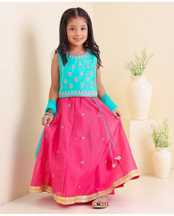 Babyhug Sleeveless Zari Embroidered Lehenga Choli With Dupatta - Fuschia Pink