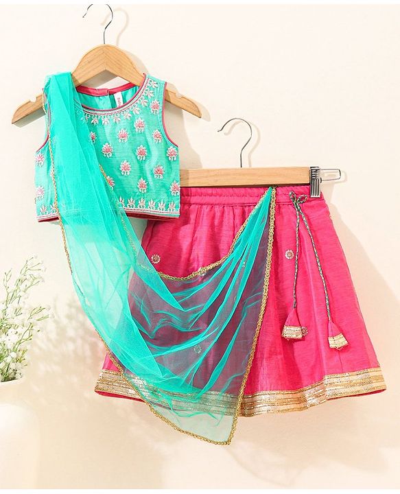 Babyhug Sleeveless Zari Embroidered Lehenga Choli With Dupatta - Fuschia Pink