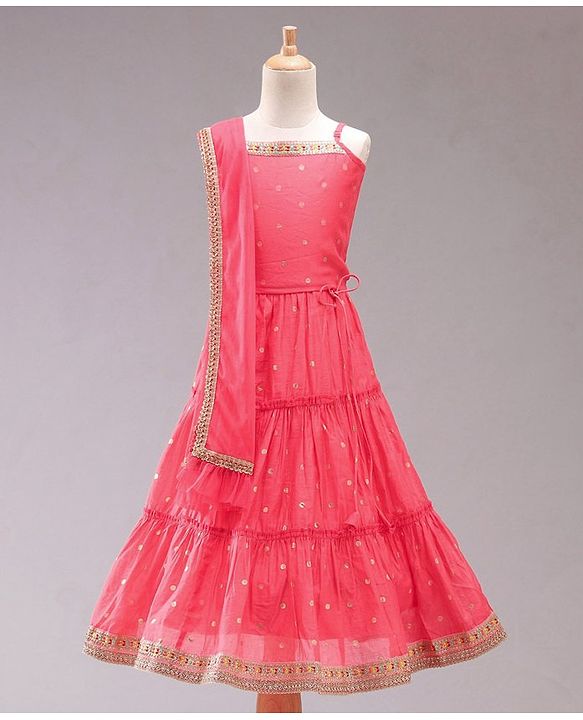 Babyhug Sleeveless Embroidered Choli Lehenga and Dupatta Set with Sequins - Coral
