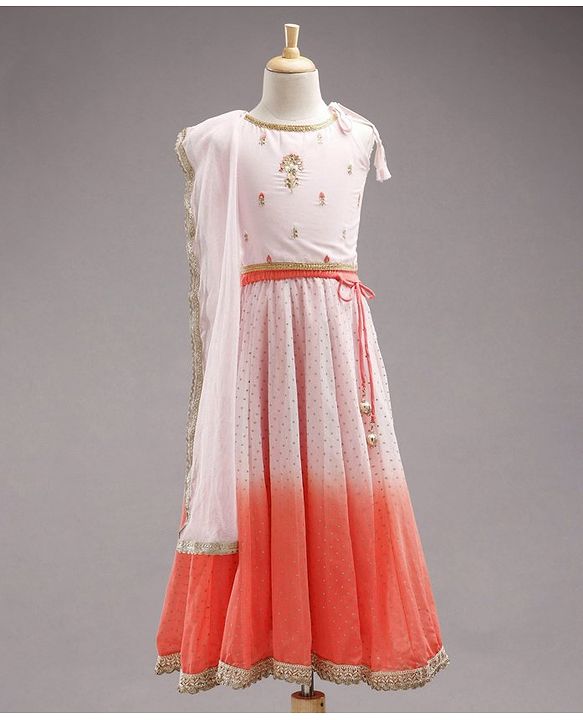 Babyhug Singlet Sleeves Embellished Choli and Flared Shaded Lehenga with Bordered Dupatta - White Orange