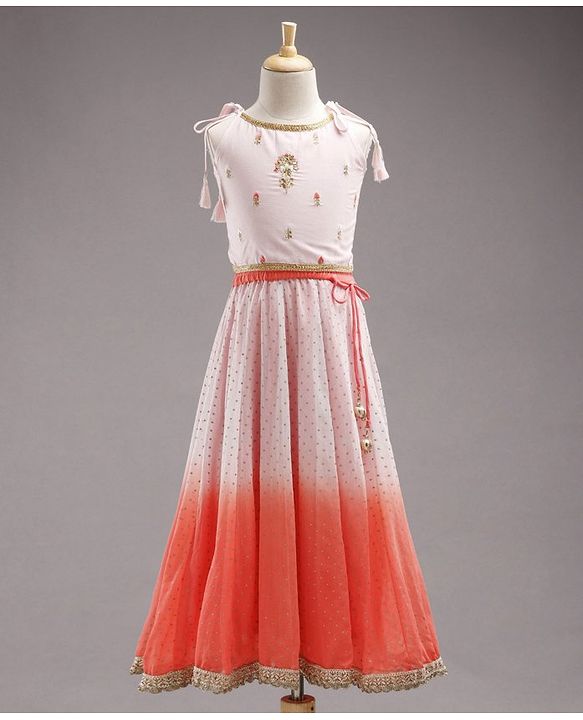Babyhug Singlet Sleeves Embellished Choli and Flared Shaded Lehenga with Bordered Dupatta - White Orange