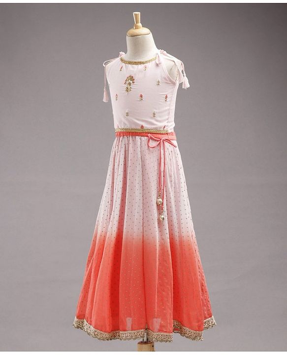 Babyhug Singlet Sleeves Embellished Choli and Flared Shaded Lehenga with Bordered Dupatta - White Orange