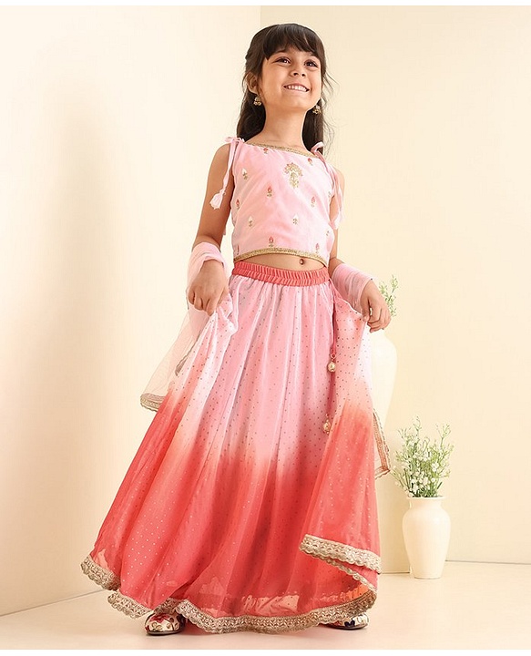 Babyhug Singlet Sleeves Embellished Choli and Shaded Lehenga with Bordered Dupatta - White Orange