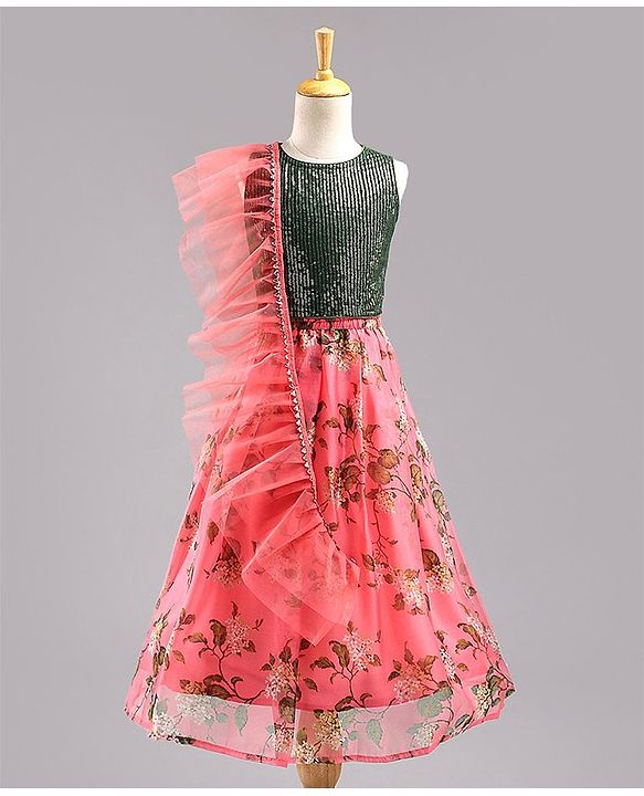 Babyhug Sleeveless Sequined Choli Lehenga and Dupatta Set Floral Print - Dark Green Peach
