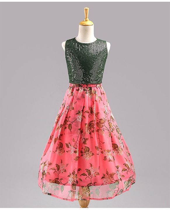 Babyhug Sleeveless Sequined Choli Lehenga and Dupatta Set Floral Print - Dark Green Peach