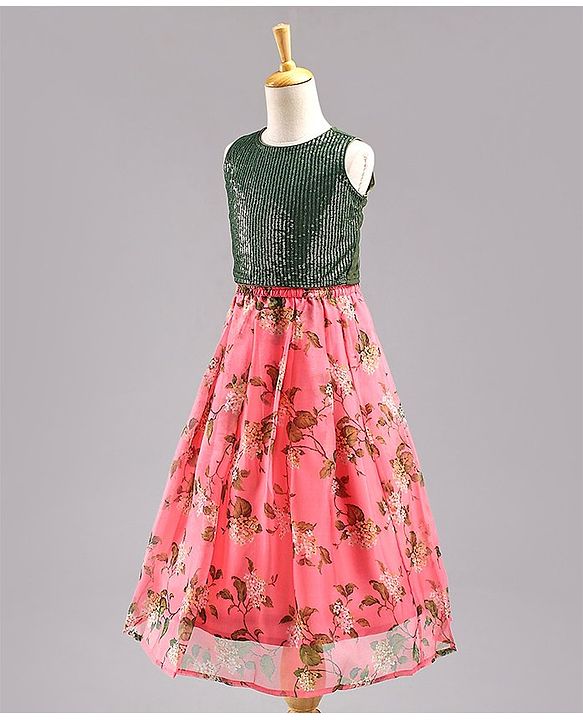 Babyhug Sleeveless Sequined Choli Lehenga and Dupatta Set Floral Print - Dark Green Peach