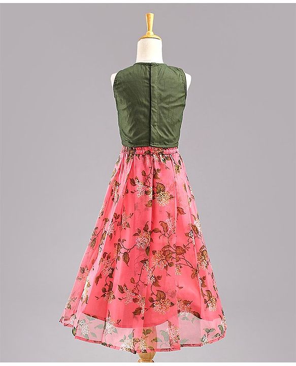 Babyhug Sleeveless Sequined Choli Lehenga and Dupatta Set Floral Print - Dark Green Peach