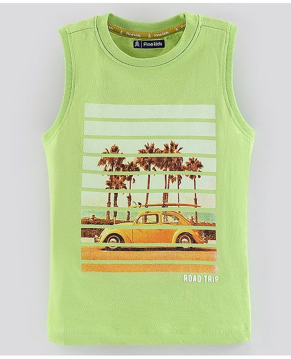 Pine Kids Sleeveless Biowash Tee Car Print - Light Green