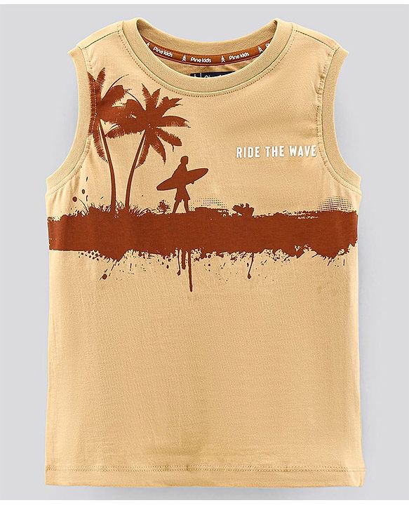 Pine Kids Sleeveless T-Shirt Beach Print - Brown