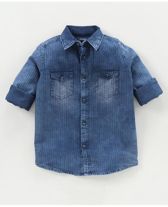 Pine Kids Full Sleeves Indigo Solid Shirt Enzyme Wash - Blue