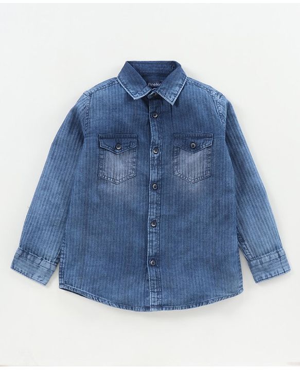 Pine Kids Full Sleeves Indigo Solid Shirt Enzyme Wash - Blue
