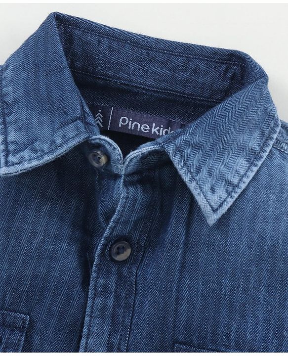 Pine Kids Full Sleeves Indigo Solid Shirt Enzyme Wash - Blue