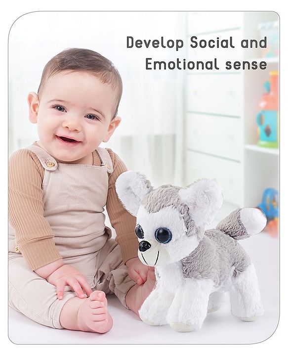 Babyhug Glittery Eyes Husky Dog Plush Toy | Soft, Cuddly Stuffed Animal For Kids | Perfect Birthday & Special Occasion Gift | Ideal Comfort Companion & Nursery Décor | White & Grey | BIS Certified