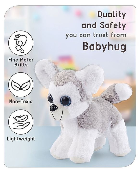 Babyhug Glittery Eyes Husky Dog Plush Toy | Soft, Cuddly Stuffed Animal For Kids | Perfect Birthday & Special Occasion Gift | Ideal Comfort Companion & Nursery Décor | White & Grey | BIS Certified