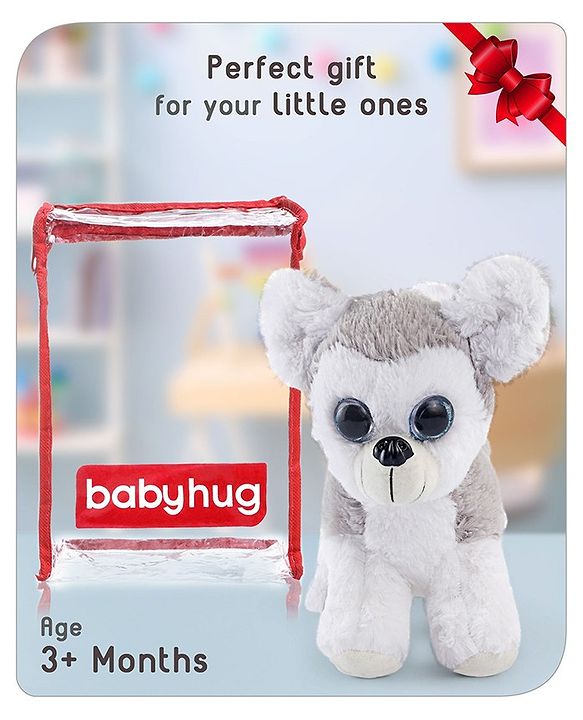Babyhug Glittery Eyes Husky Dog Plush Toy | Soft, Cuddly Stuffed Animal For Kids | Perfect Birthday & Special Occasion Gift | Ideal Comfort Companion & Nursery Décor | White & Grey | BIS Certified