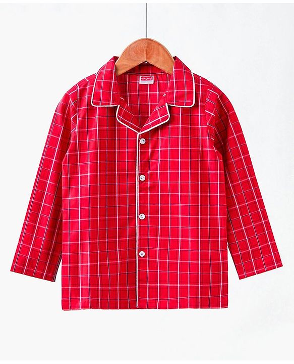 Babyhug Full Sleeves Woven Checked Shirt & Pyjama Set - Red