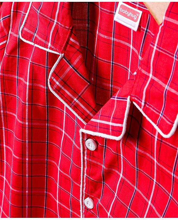 Babyhug Full Sleeves Woven Checked Shirt & Pyjama Set - Red