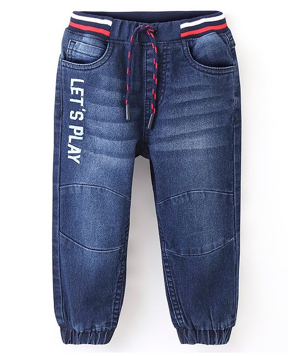 Babyhug Full Length Washed Jeans With Drawstring Text Print - Blue