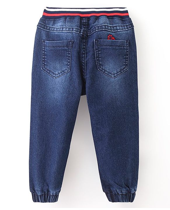 Babyhug Full Length Washed Jeans With Drawstring Text Print - Blue
