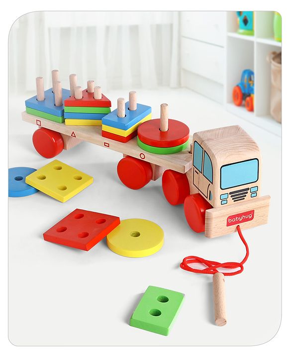 Babyhug Stack & Pull Montessori Wooden Truck Playset Multicolor - 16 Pieces |Interactive Play, Enhances Motor Skills & Imaginative Adventures | Safe & Durable | BIS Certified