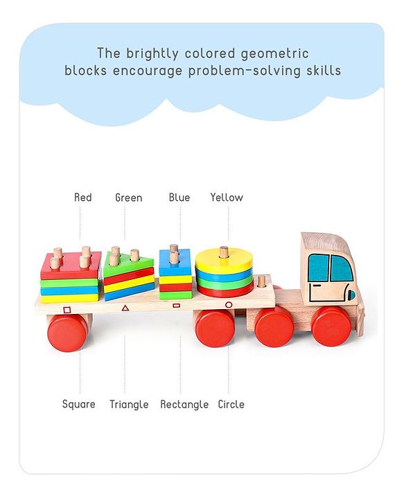 Babyhug Stack & Pull Montessori Wooden Truck Playset Multicolor - 16 Pieces |Interactive Play, Enhances Motor Skills & Imaginative Adventures | Safe & Durable | BIS Certified