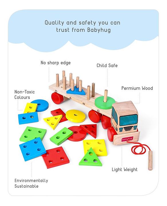Babyhug Stack & Pull Montessori Wooden Truck Playset Multicolor - 16 Pieces |Interactive Play, Enhances Motor Skills & Imaginative Adventures | Safe & Durable | BIS Certified