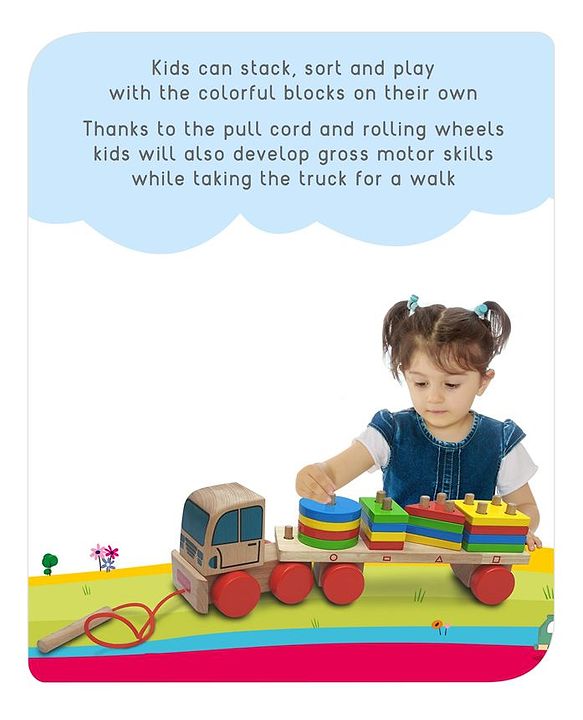 Babyhug Stack & Pull Montessori Wooden Truck Playset Multicolor - 16 Pieces |Interactive Play, Enhances Motor Skills & Imaginative Adventures | Safe & Durable | BIS Certified