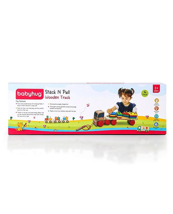 Babyhug Stack & Pull Montessori Wooden Truck Playset Multicolor - 16 Pieces |Interactive Play, Enhances Motor Skills & Imaginative Adventures | Safe & Durable | BIS Certified