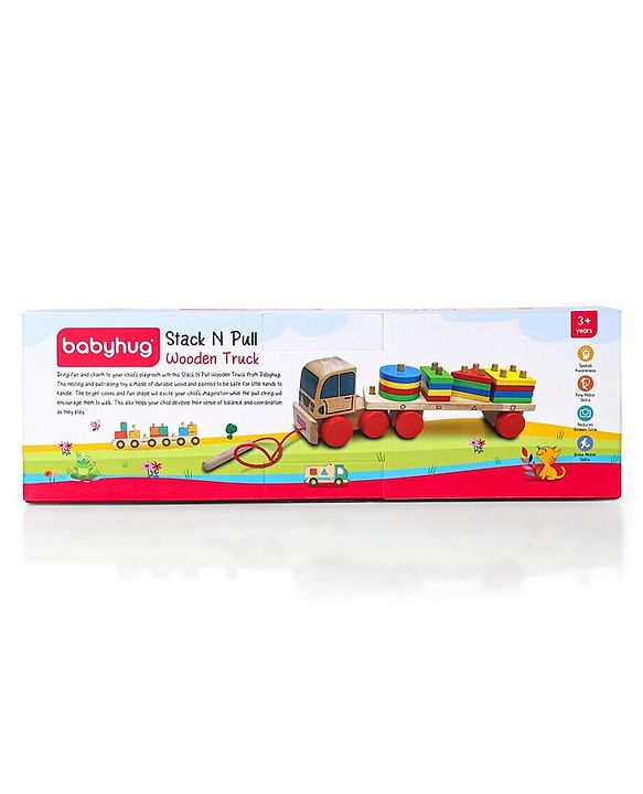 Babyhug Stack & Pull Montessori Wooden Truck Playset Multicolor - 16 Pieces |Interactive Play, Enhances Motor Skills & Imaginative Adventures | Safe & Durable | BIS Certified