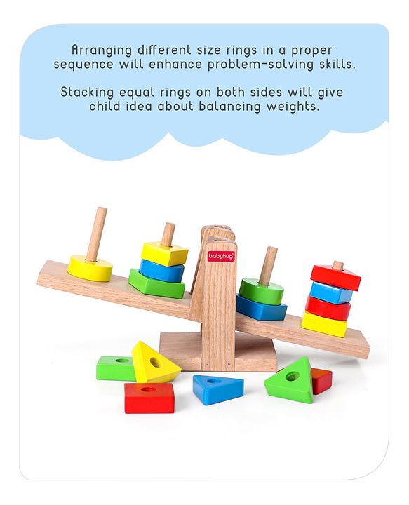 Babyhug Premium Wooden 16 pcs - 4 Shapes Sorting and Stacking See Saw Multicolor Toy| Educational Geometric Blocks Puzzle| BIS Certified| Non-Toxic| 3 Years+