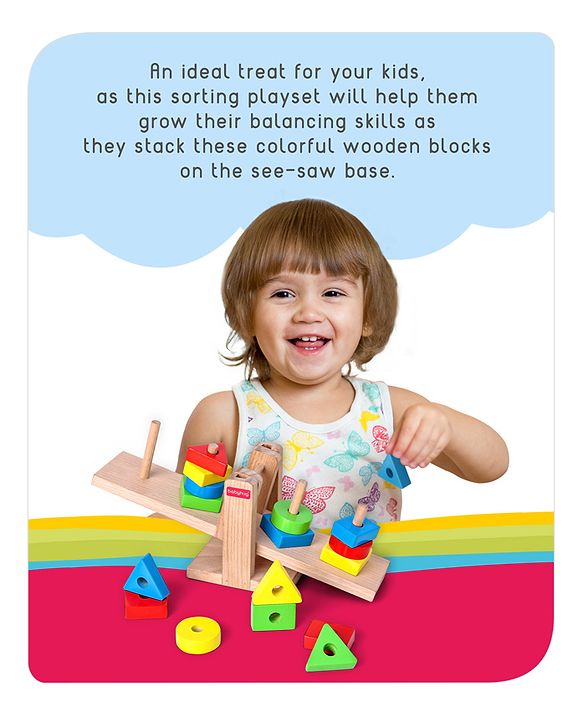 Babyhug Premium Wooden 16 pcs - 4 Shapes Sorting and Stacking See Saw Multicolor Toy| Educational Geometric Blocks Puzzle| BIS Certified| Non-Toxic| 3 Years+