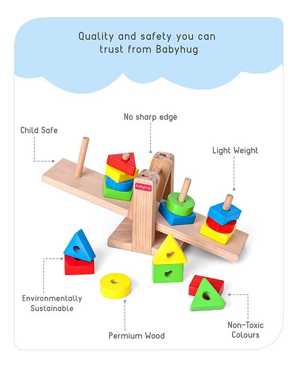 Babyhug Premium Wooden 16 pcs - 4 Shapes Sorting and Stacking See Saw Multicolor Toy| Educational Geometric Blocks Puzzle| BIS Certified| Non-Toxic| 3 Years+