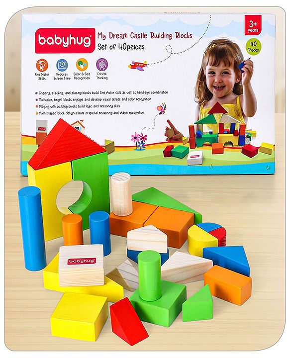 Babyhug Premium 40 pcs Colorful Wooden Building Blocks| Montessori Educational Building Construction, Stacking and Creative Toy| BIS Certified| 3 Years+