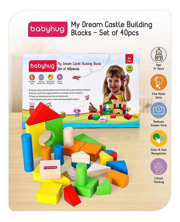Babyhug Premium 40 pcs Colorful Wooden Building Blocks| Montessori Educational Building Construction, Stacking and Creative Toy| BIS Certified| 3 Years+