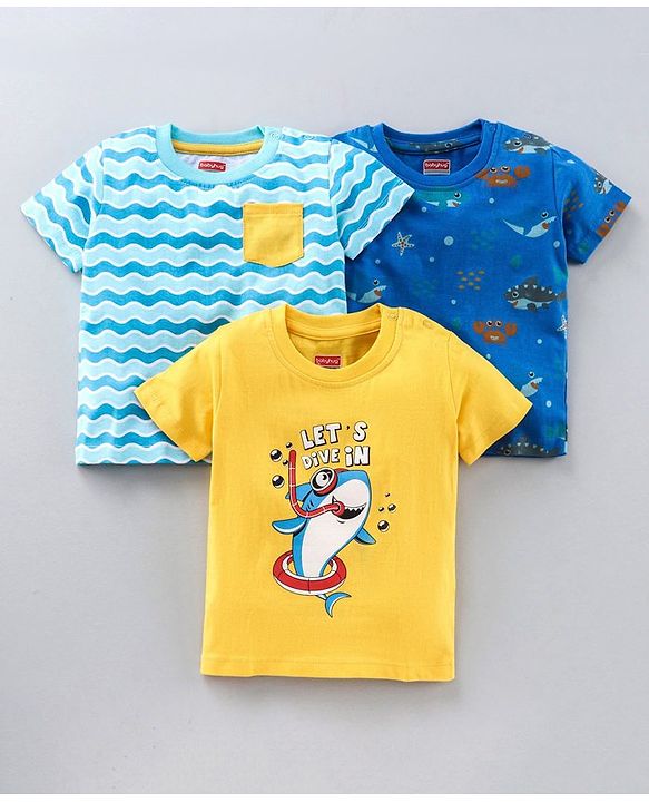 Babyhug Half Sleeves T-Shirts Shark Print Pack of 3 - Multicolor