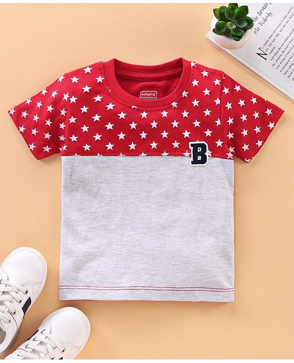 Babyhug Half Sleeves Color Block Tee Stars Print - Grey Red