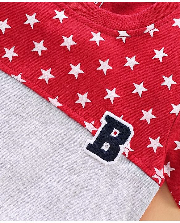 Babyhug Half Sleeves Color Block Tee Stars Print - Grey Red