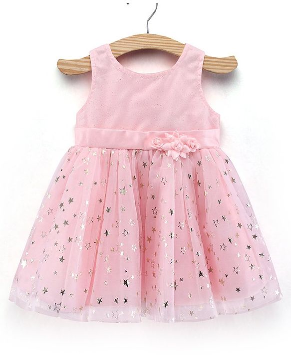 Babyhug Party Wear Sleeveless Printed Frock Flower Applique - Light Pink