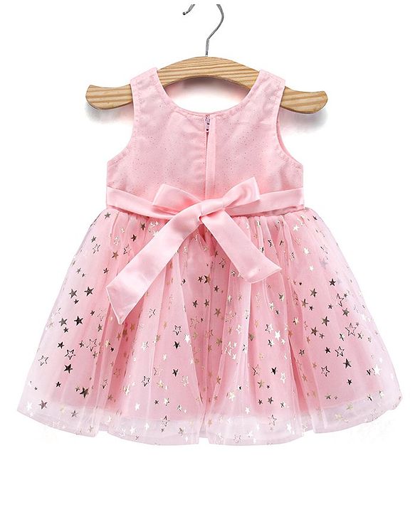 Babyhug Party Wear Sleeveless Printed Frock Flower Applique - Light Pink