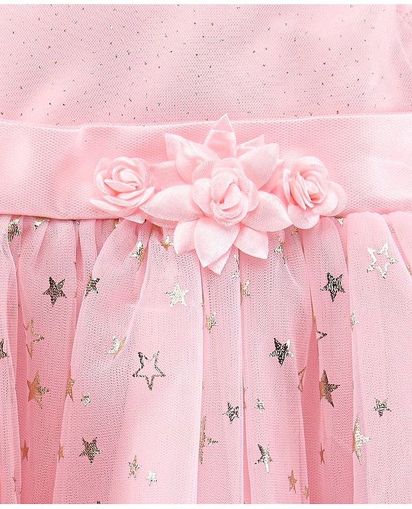 Babyhug Party Wear Sleeveless Printed Frock Flower Applique - Light Pink