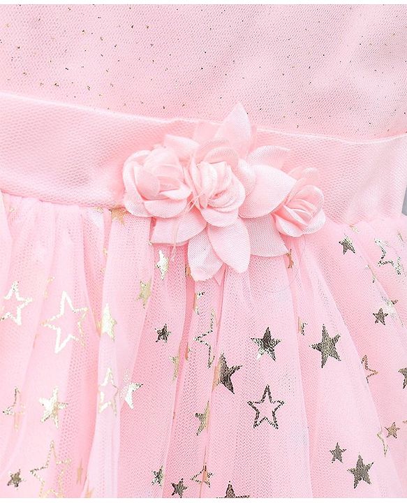 Babyhug Party Wear Sleeveless Printed Frock Flower Applique - Light Pink