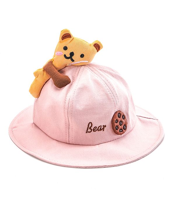Babyhug Cotton Bucket Hat Bear Embroidered Light Pink - Diameter 16 cm