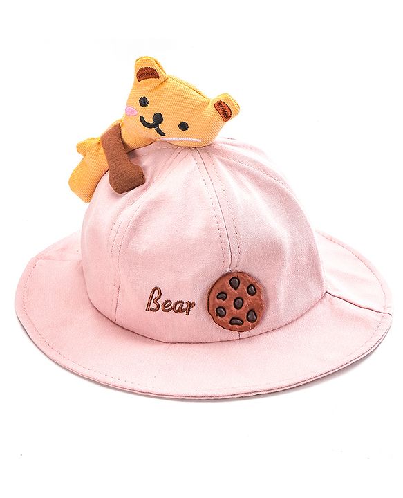 Babyhug Cotton Bucket Hat Bear Embroidered Light Pink - Diameter 16 cm