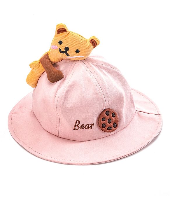 Babyhug Cotton Bucket Hat Bear Embroidered Light Pink - Diameter 16 cm