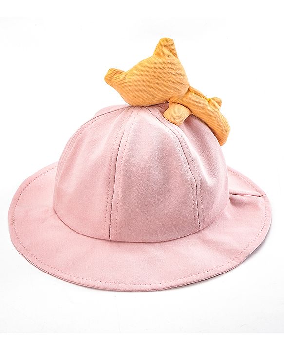 Babyhug Cotton Bucket Hat Bear Embroidered Light Pink - Diameter 16 cm