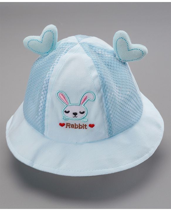 Babyhug Cotton Bucket Hats Rabbit Embroidered Blue - Diameter 16 cm