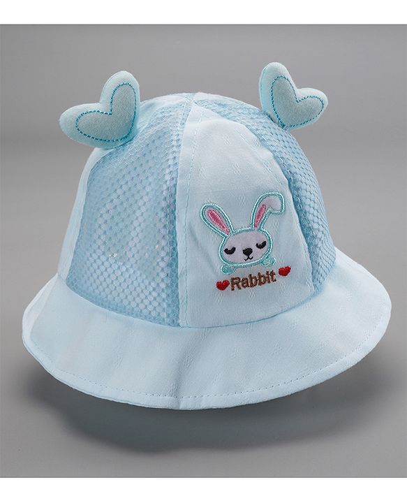 Babyhug Cotton Bucket Hats Rabbit Embroidered Blue - Diameter 16 cm