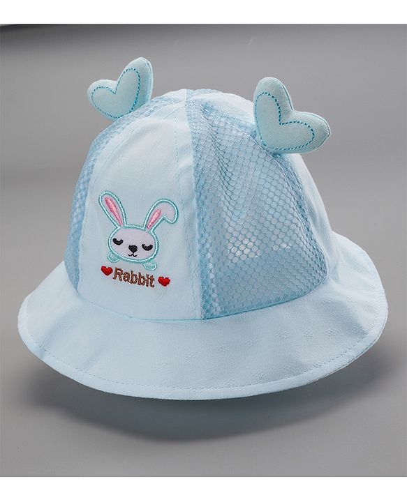 Babyhug Cotton Bucket Hats Rabbit Embroidered Blue - Diameter 16 cm